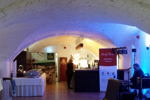 Dezente Live-Musik bei Firmenevent im Gewölbekeller – stilvolle Hintergrundmusik während Empfang